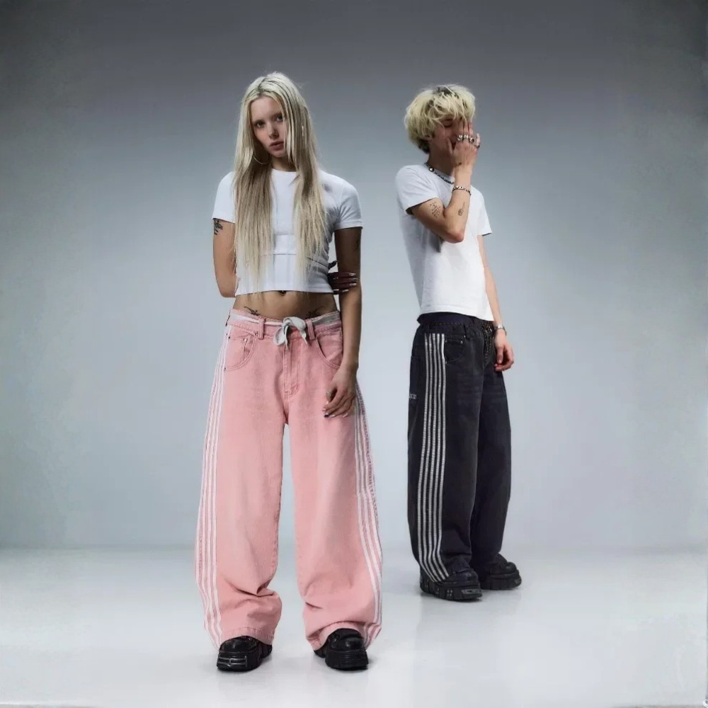 Embroidered Striped Baggy Jeans - Pink