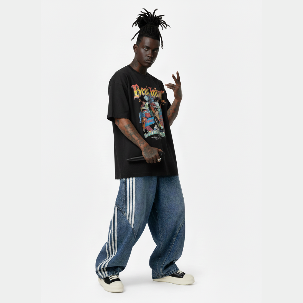 Denim Striped Barrel Jeans - Black