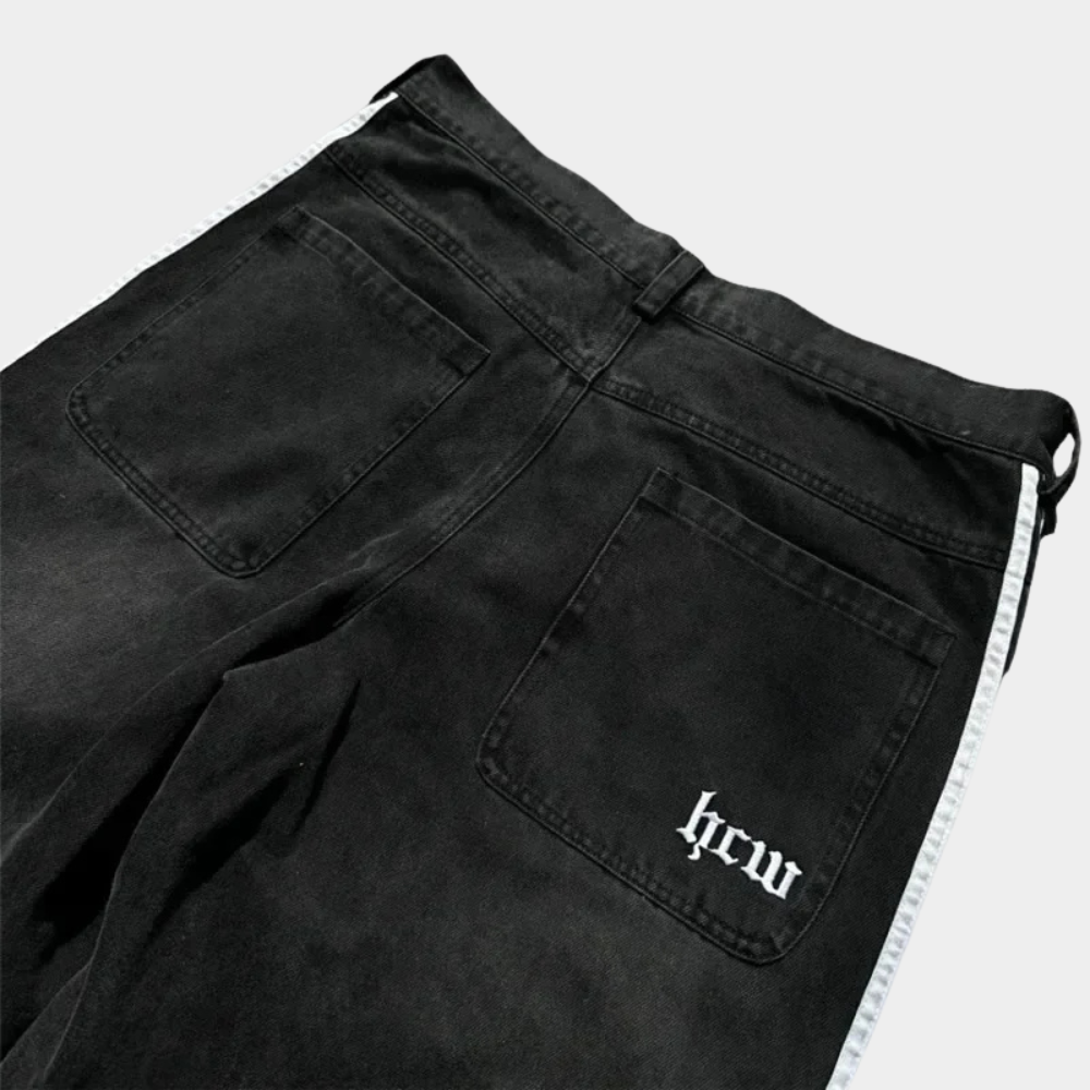 Embroidered Striped Baggy Jeans - Blue