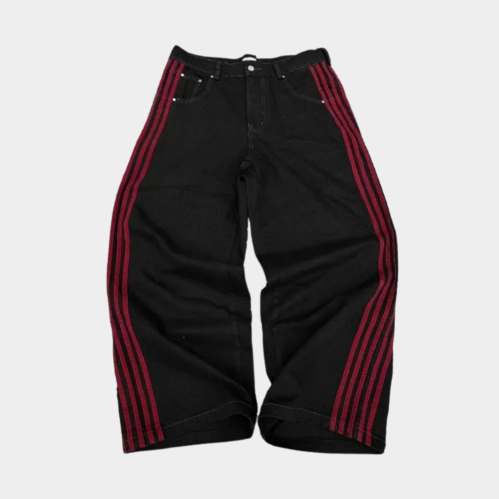 Embroidered Striped Baggy Jeans - Blue