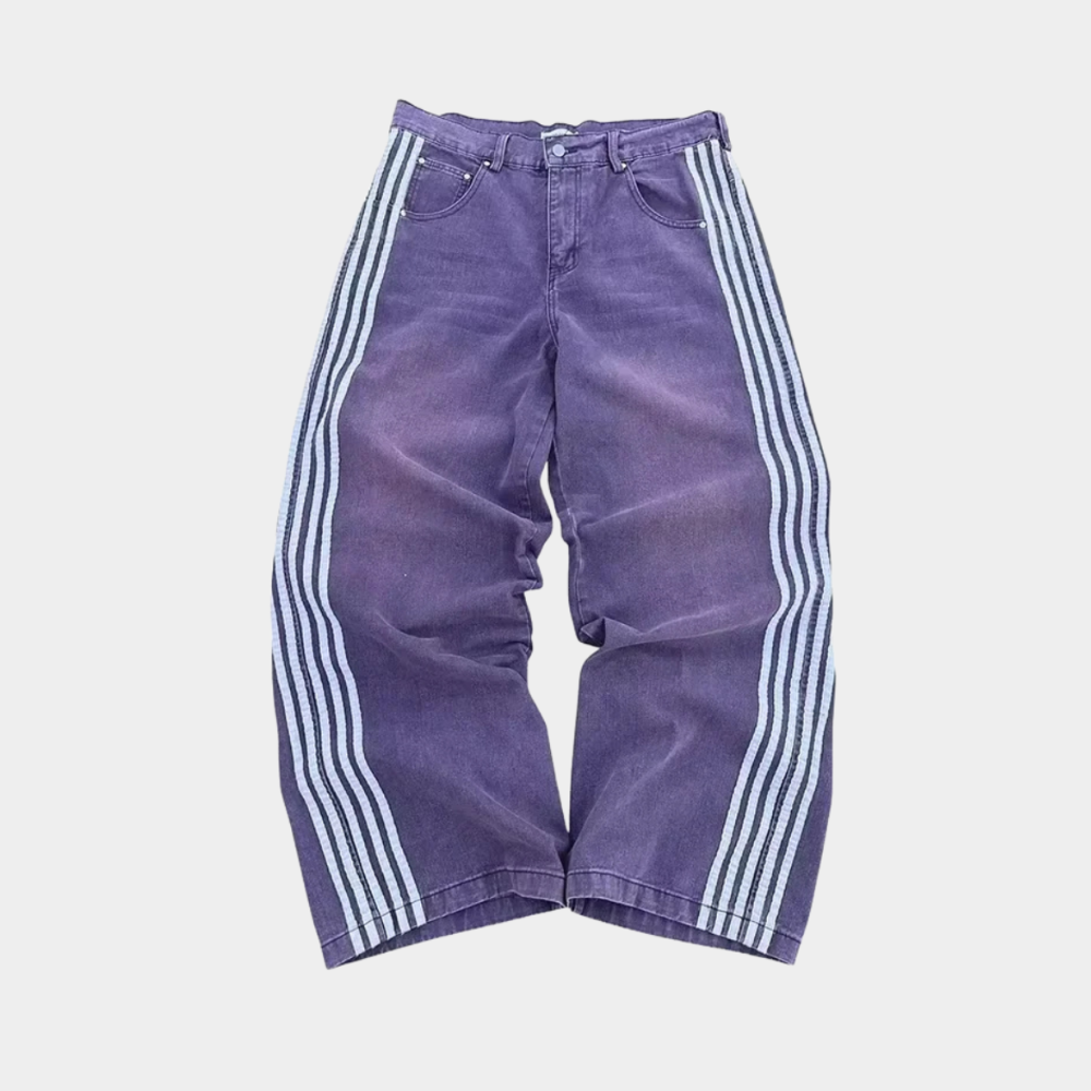 Embroidered Striped Baggy Jeans - Blue