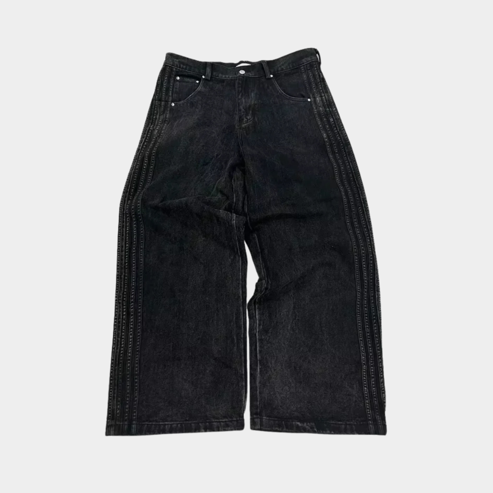 Embroidered Striped Baggy Jeans - Pink