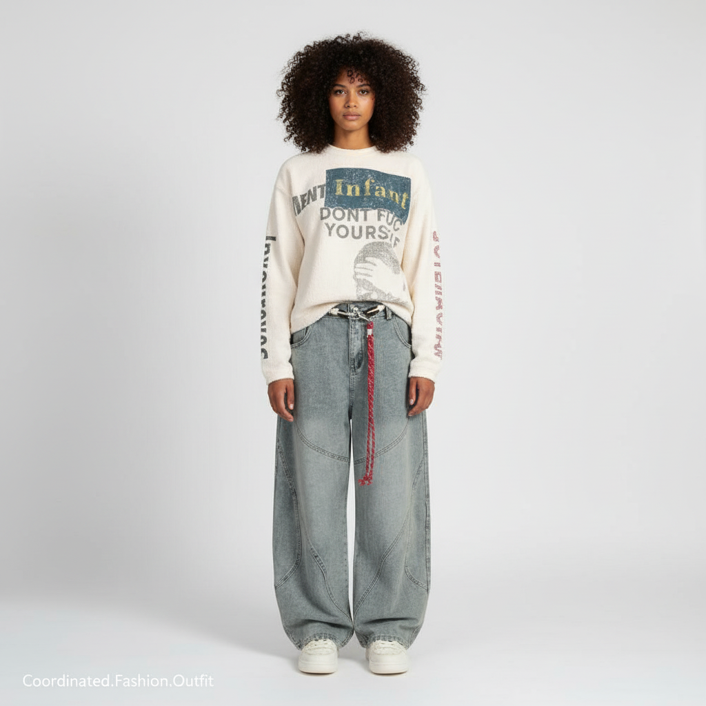 Retro Patchwork Barrel Jeans - Black