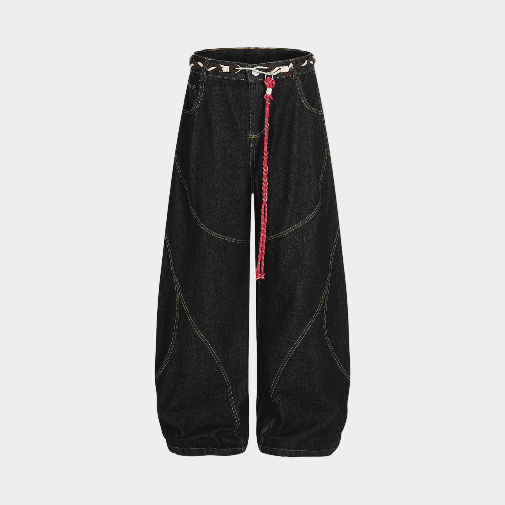 Retro Patchwork Barrel Jeans - Black