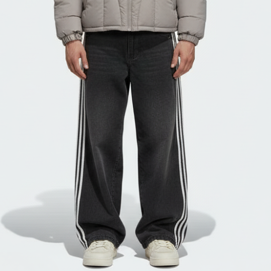 Embroidered Striped Baggy Jeans - Blue