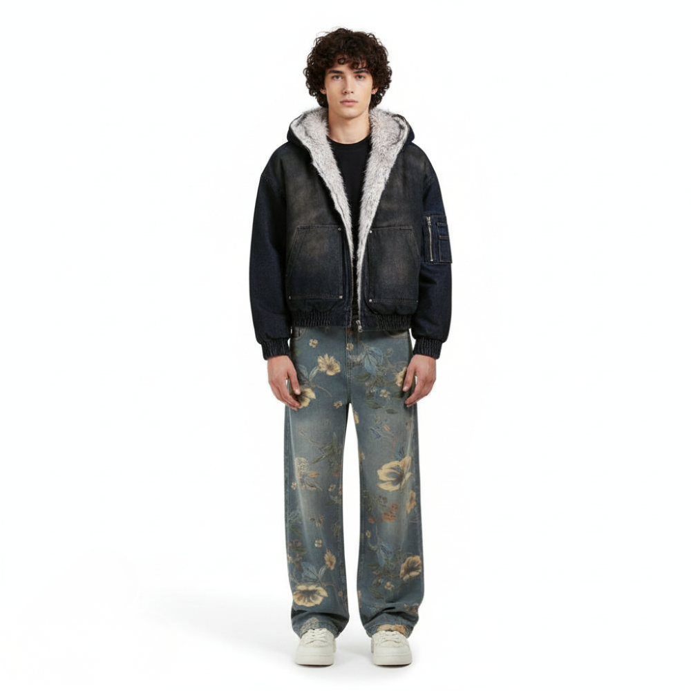 Denim Floral Print Jeans - Blue