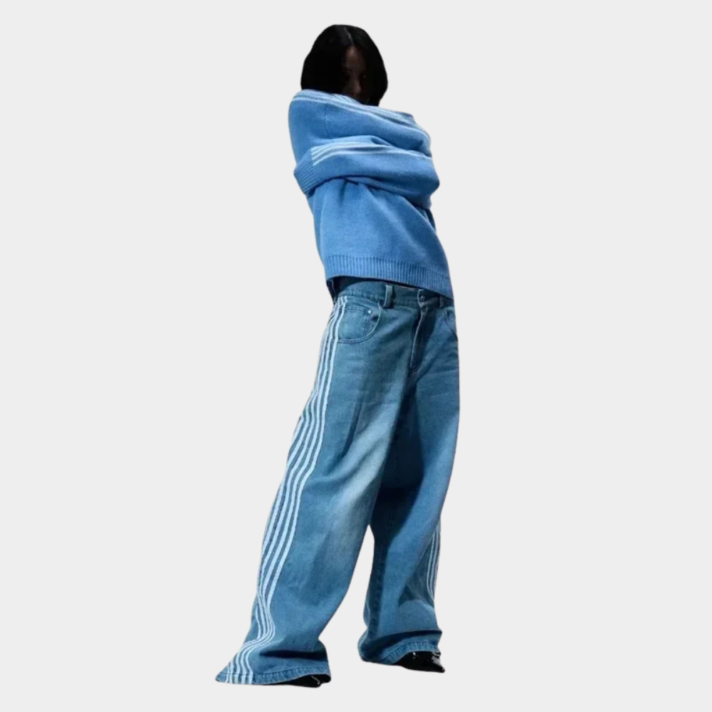Embroidered Striped Baggy Jeans - Blue