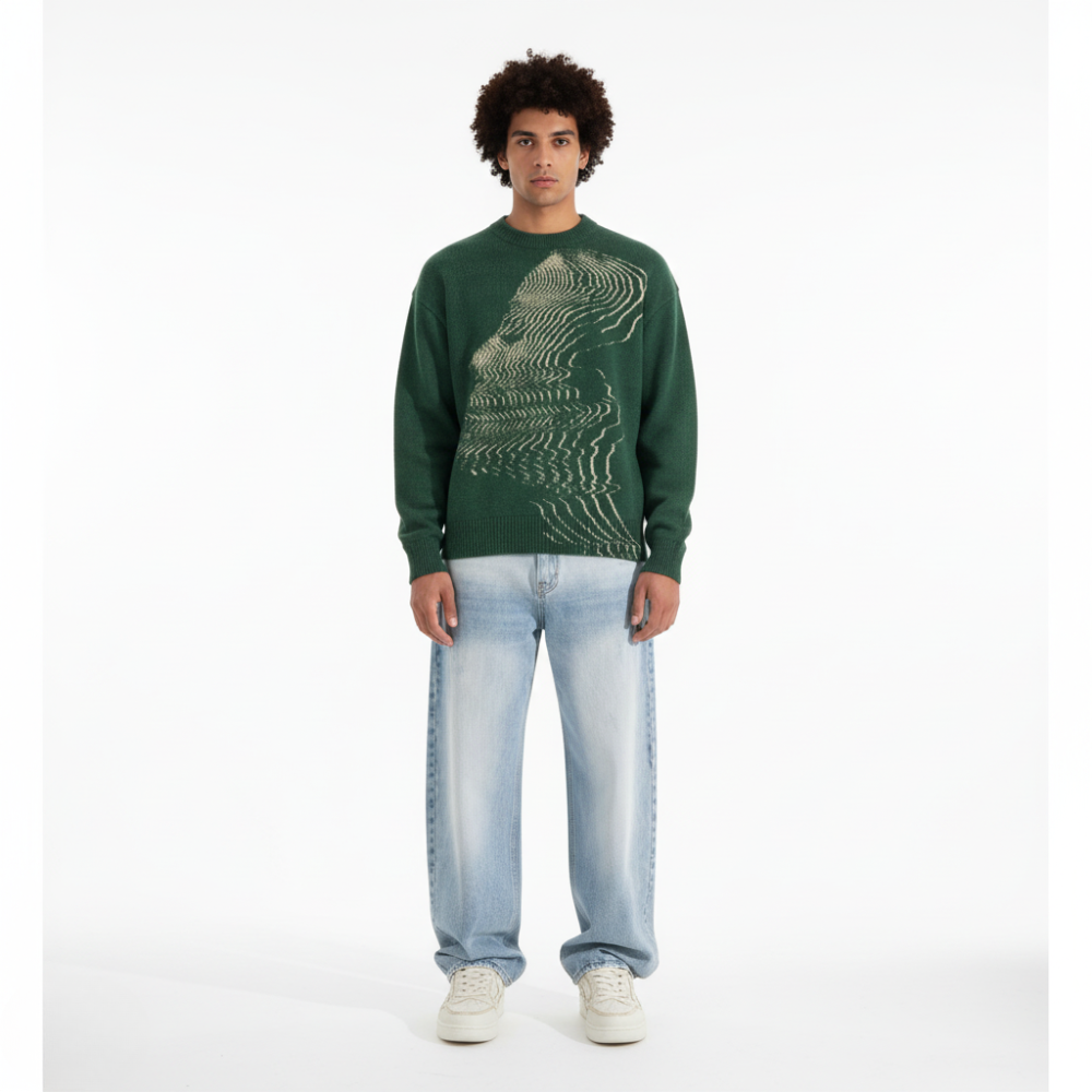 'Vibrations' Graphic Knitted Sweater - Moss Green