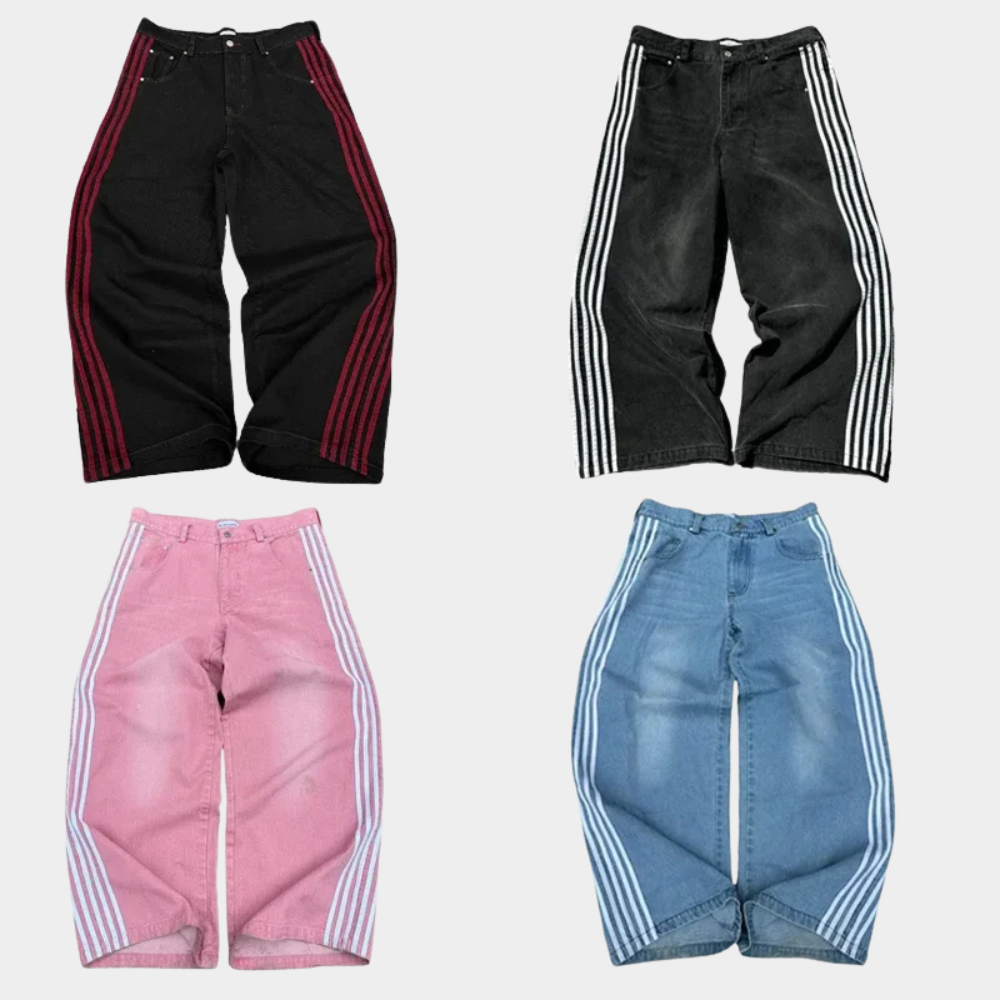 Embroidered Striped Baggy Jeans - Pink
