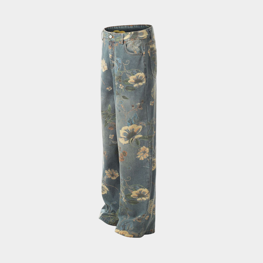 Denim Floral Print Jeans - Blue