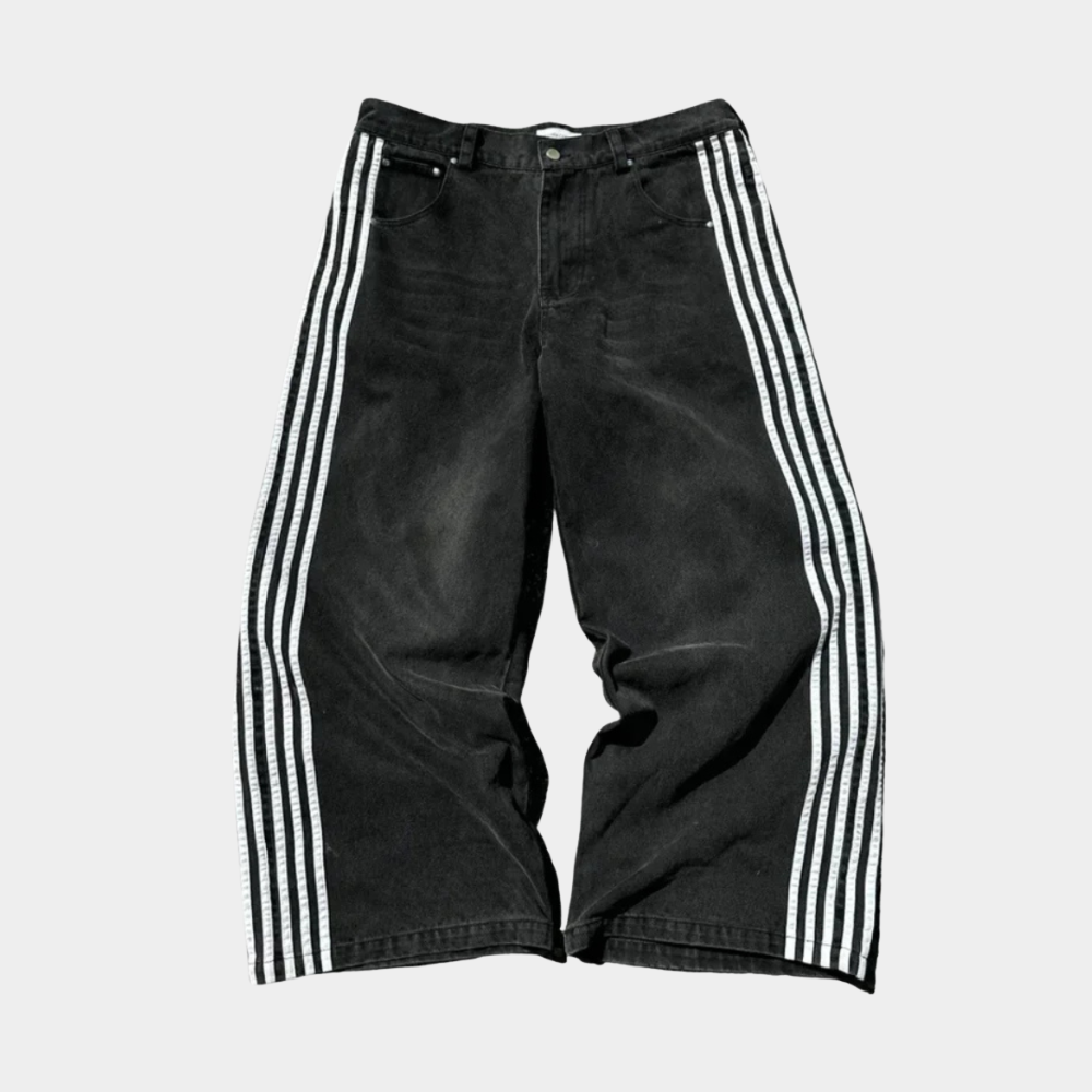 Embroidered Striped Baggy Jeans - Purple